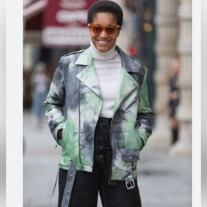 DanCassab Stylish Green and Gray tie dye  biker leather Women's Jacket size S